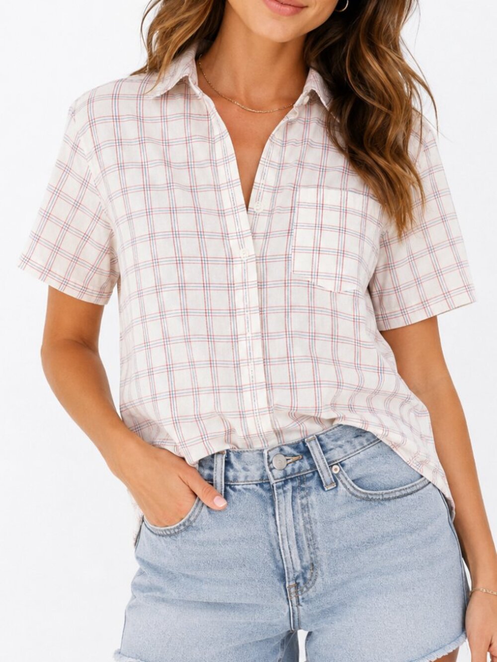 Lali Cream Red Blue Plaid 100% Cotton Button Up Shirt | Size Medium